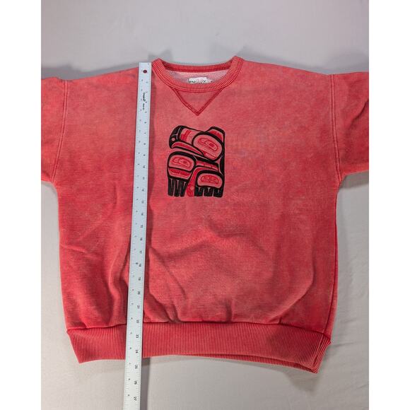 VTG Fuzzy Stonewash Sweatshirt S Red Made Canada Native Bear Graphic 90s Crew - Picture 3 of 9